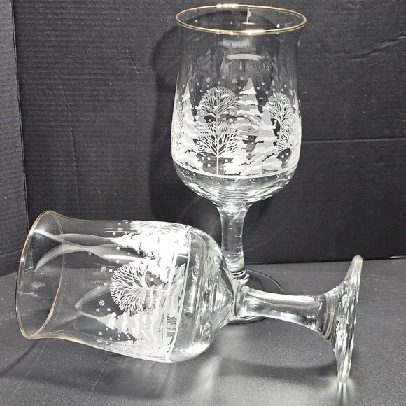 2 Lynns China Pines Water Goblets 7" gold winter scene white silhouette trees ho - Picture 6 of 7